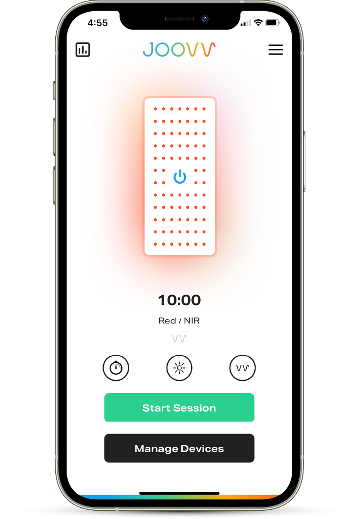 Joovv app main control screen with options to start a session, adjust time, light intensity, and wavelength
