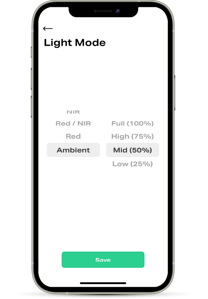 Mobile screen displaying Joovv app light mode settings, including Red/NIR, Red, and Ambient intensity levels