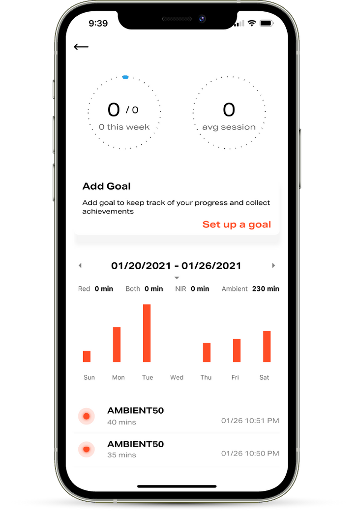 Mobile screen displaying Joovv app light mode settings, including Red/NIR, Red, and Ambient intensity levels